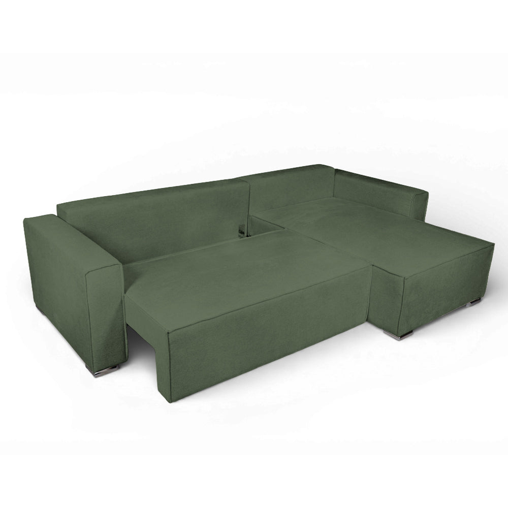 Divano angolare verde con letto Easy Open, contenitore e penisola reversibile Emily
