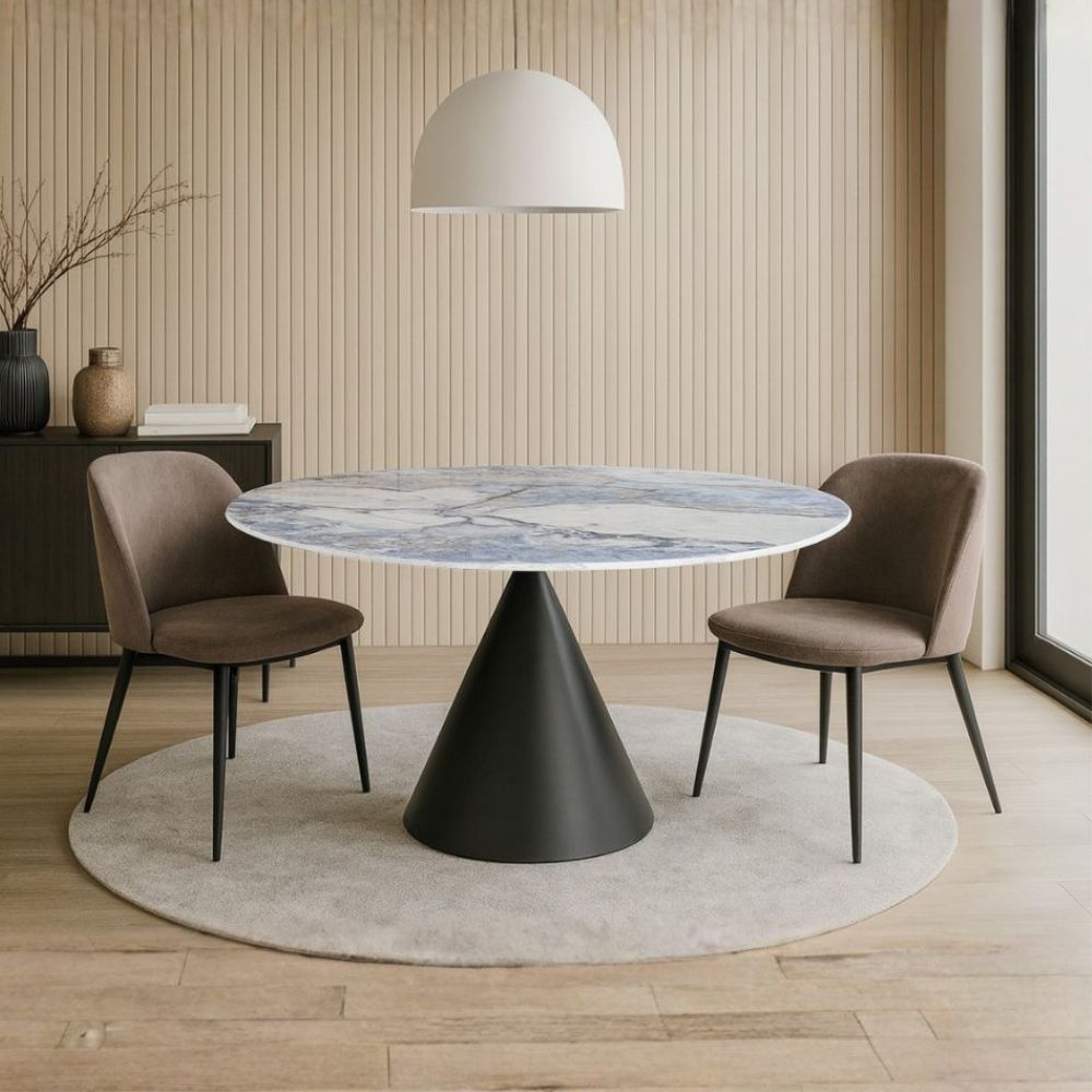 Tavolo rotondo con piano effetto marmo e venature blu 150x150x76H Punto