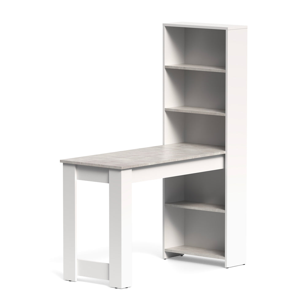 Tavolo penisola con libreria integrata bianca e piano effetto cemento Mojo02