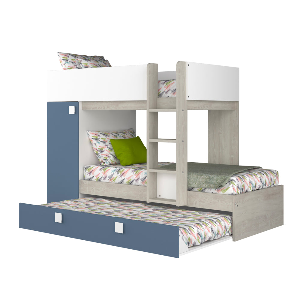 Letto a castello con letto estraibile colore bianco consumato e azzurro