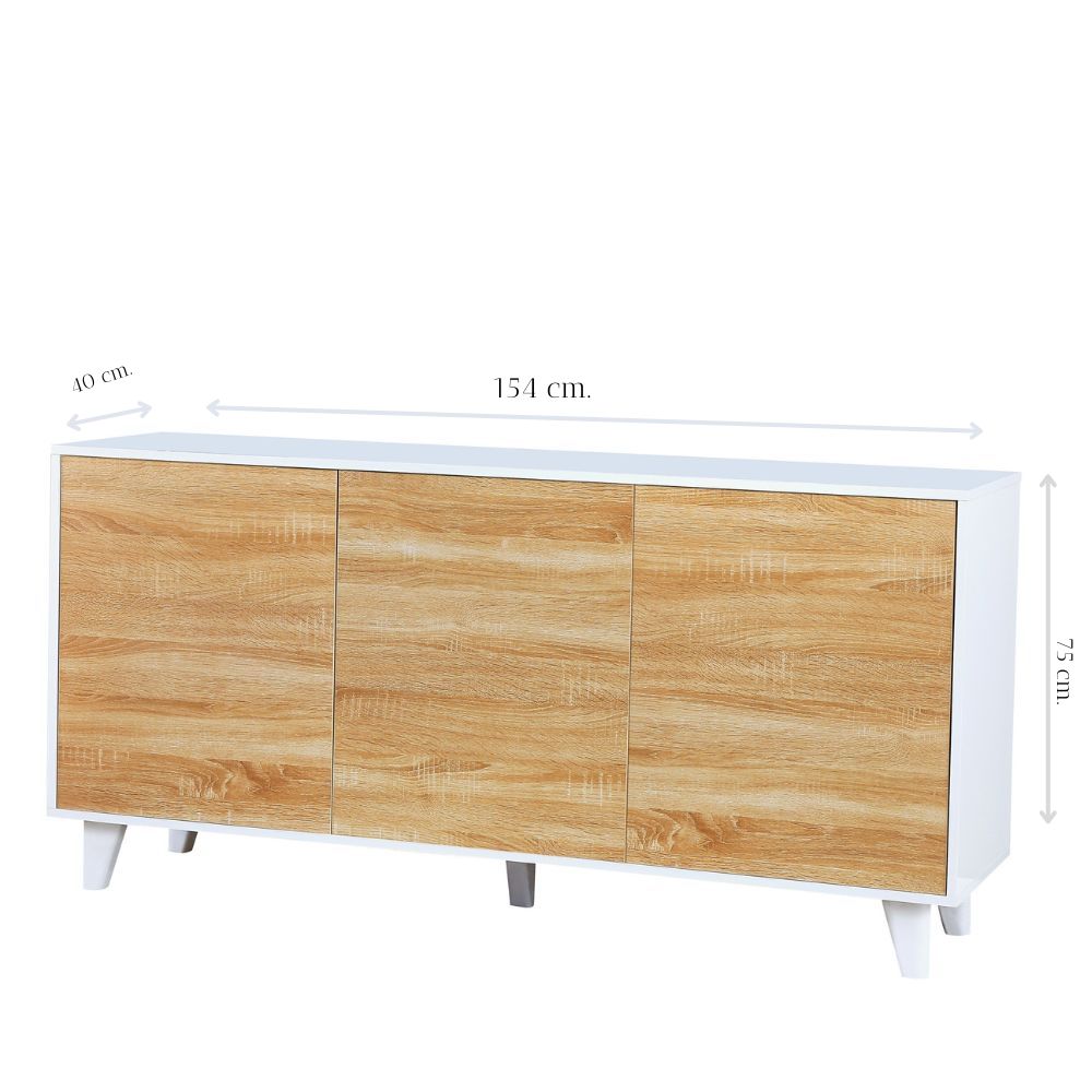 Madia in legno 154 cm con tre ante colore rovere e struttura colore bianco - Moran