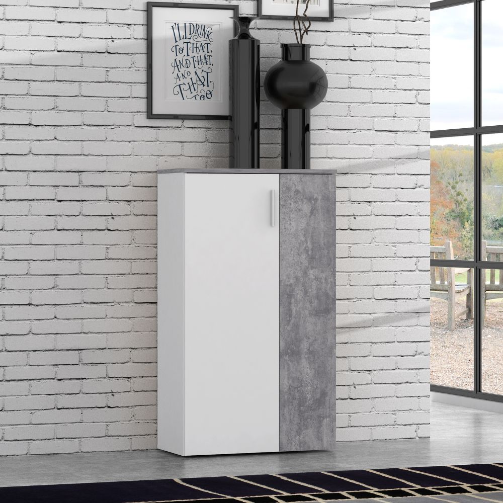Mobile multiuso scarpiera 2 ante con 5 ripiani colore bianco e cemento 69x34x120H Lucio