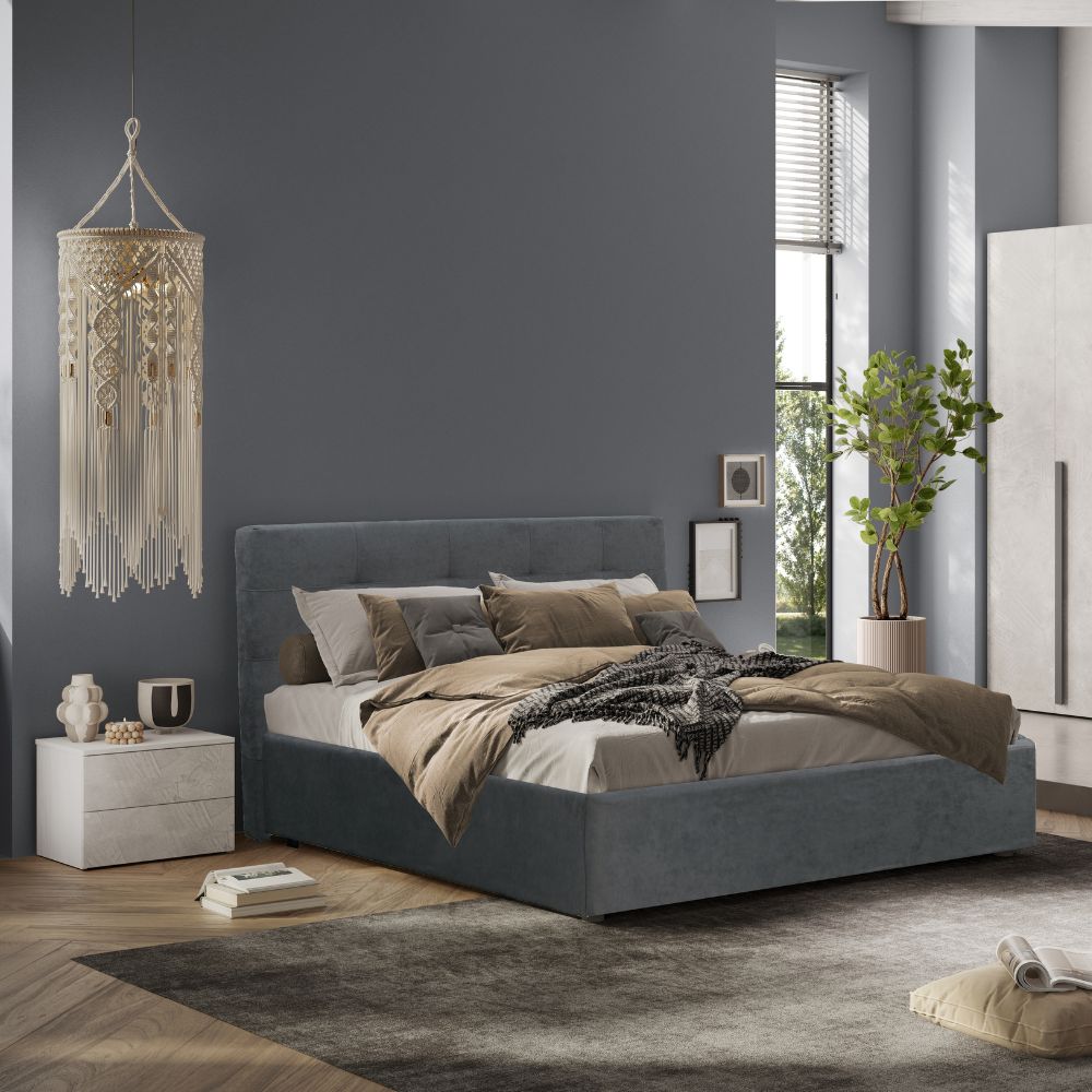 Camera da letto con armadio bianco spatolato neve e letto contenitore Ascoli grigio Aria