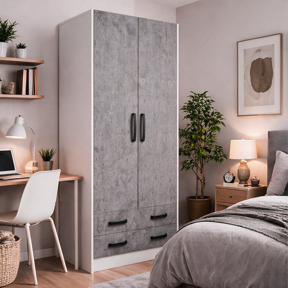 Armadio con due ante e due cassetti colore cemento 91x210H cm
