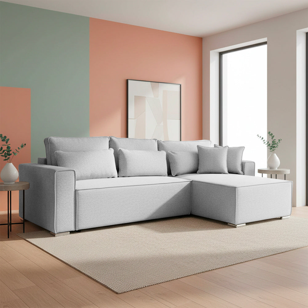 Divano angolare grigio con letto Easy Open, contenitore e penisola reversibile Emily