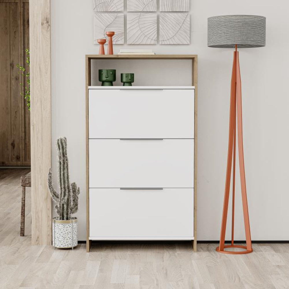 Schuhschrank 78x139,2h cm mit 3 Klapptüren in Weiß und Korpus in Nussbaum - Kaju