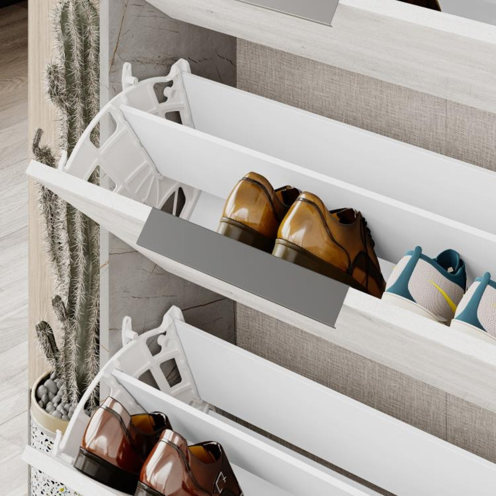 Schuhschrank 78x139,2h cm mit 3 Klapptüren in Weiß und Korpus in grauer Marmoroptik - Kaju