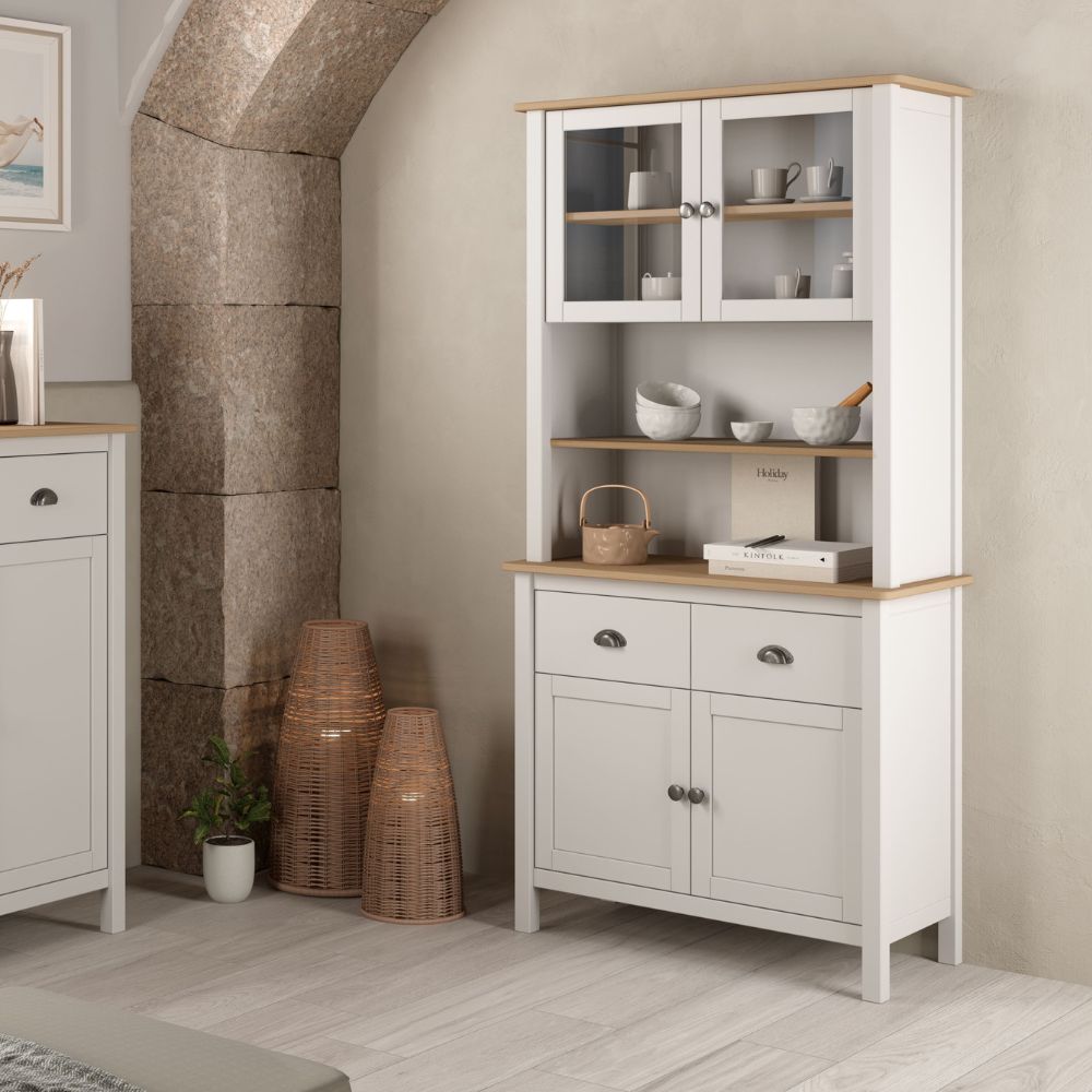 Credenza in legno massiccio con vetrina ante e cassetti colore bianco e rovere 90x40x180H cm - Herti