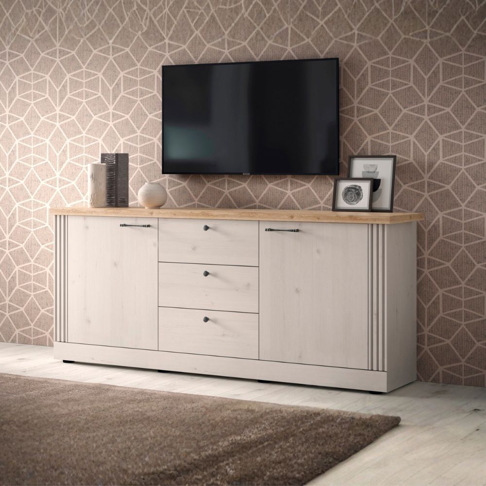 Buffet 2 portes et 3 tiroirs coloris blanc meringue et chêne Cadix 211x44x88H Winchester
