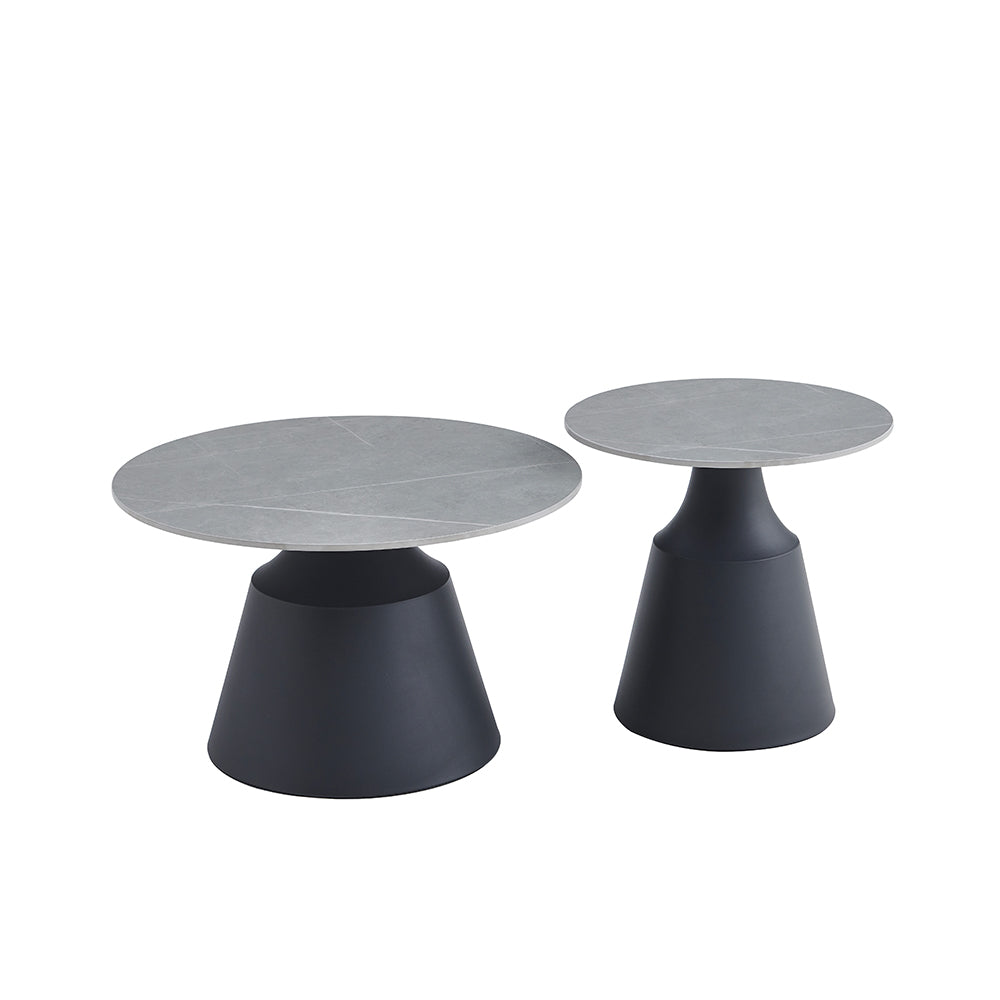 Set tavolini rotondi in ceramica grigio opaco con struttura in metallo nero Dual