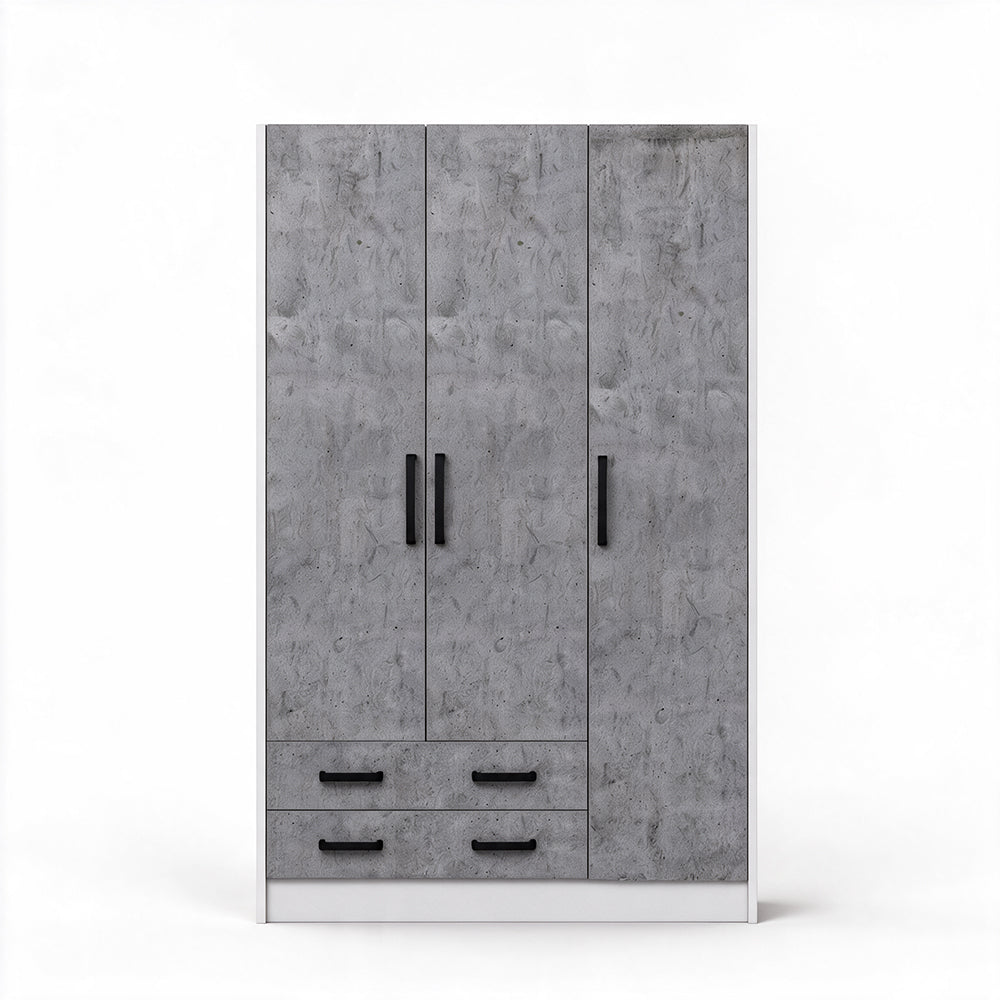 Kleiderschrank mit drei Türen und zwei Schubladen in Zementoptik 135x210H cm