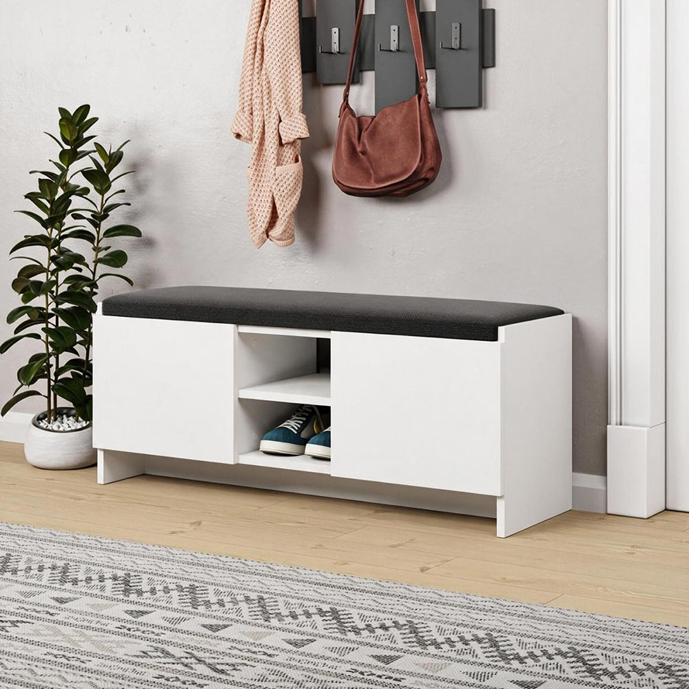 Schuhbank mit Türen und Kissen 110x40H cm weiß - Zulla