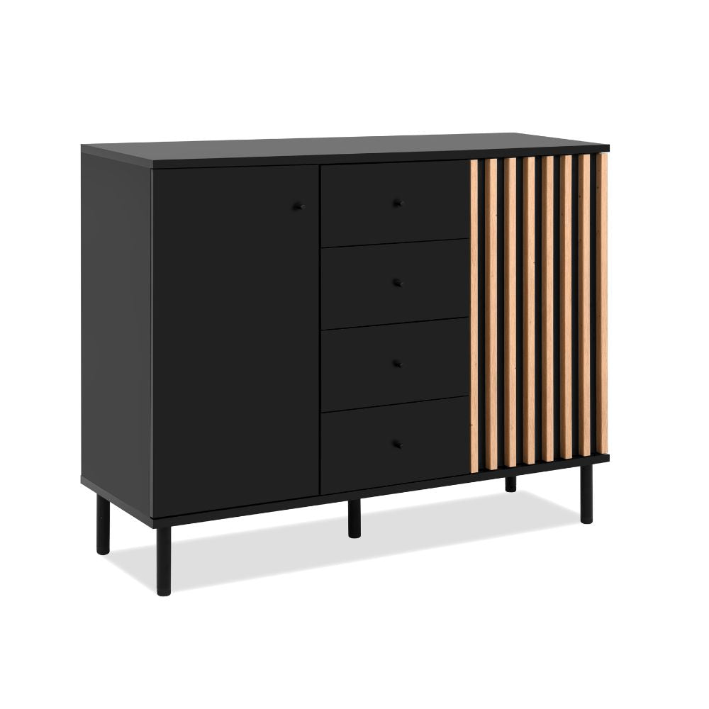 Madia con 2 ante e 4 cassetti colore nero con listelli rovere 118x90H cm - Bresso