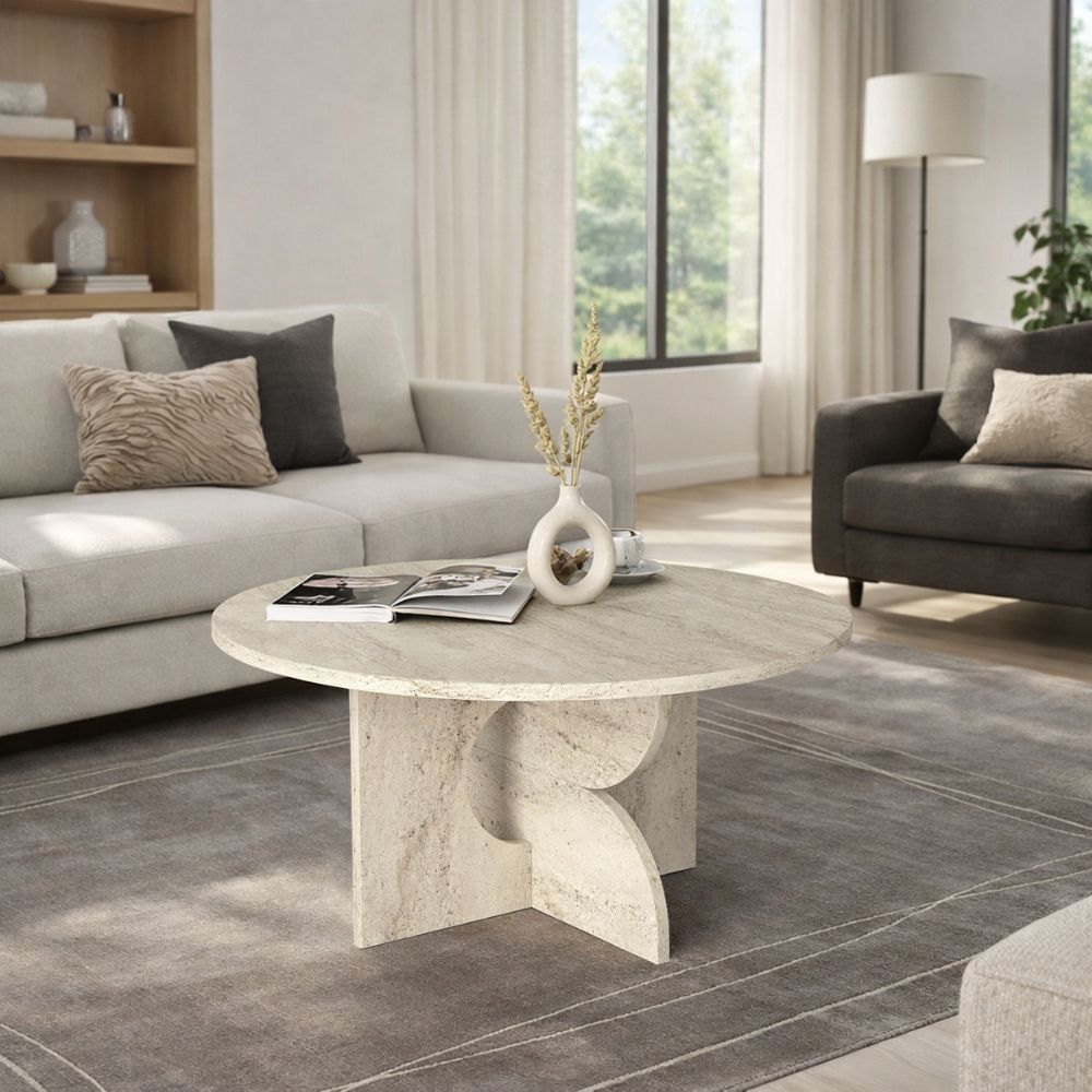 Tavolino rotondo da salotto effetto travertino con base geometrica Mara