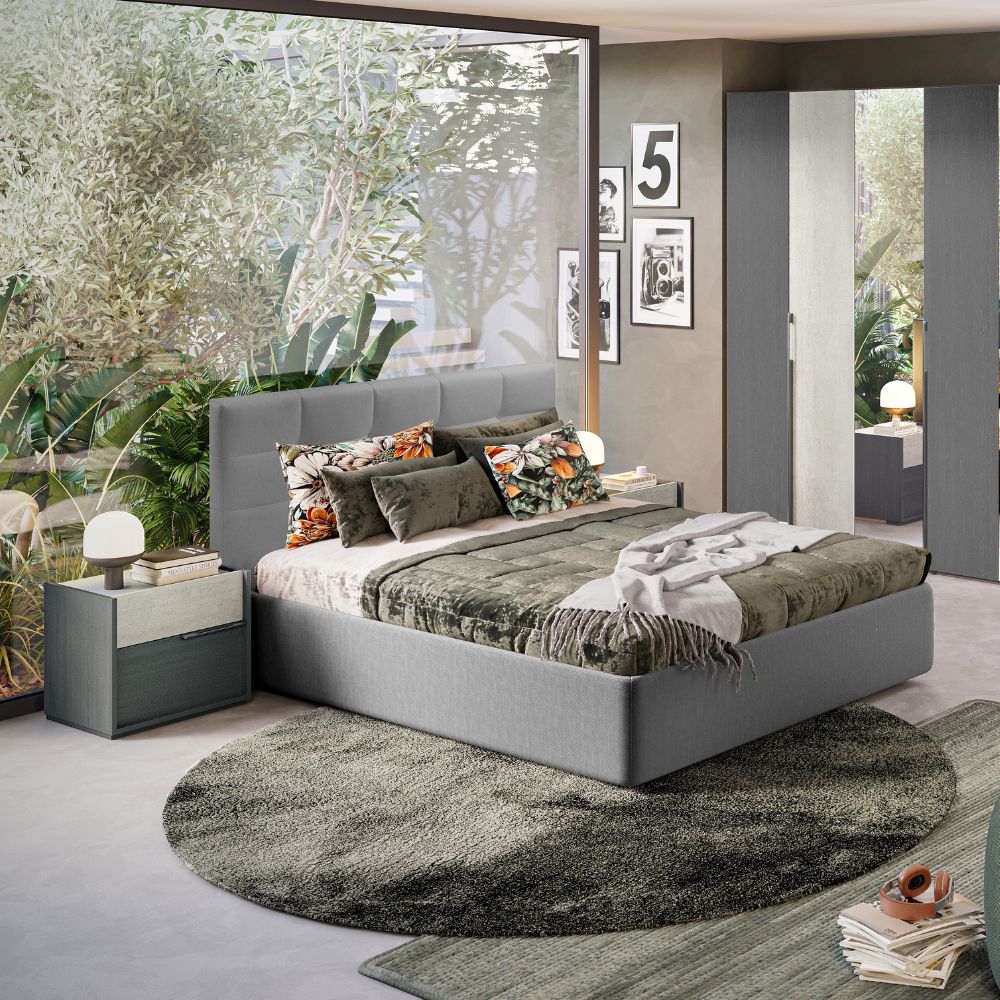 Camera da letto completa letto contenitore armadio con specchi e ante colore grigio e cemento - Faba