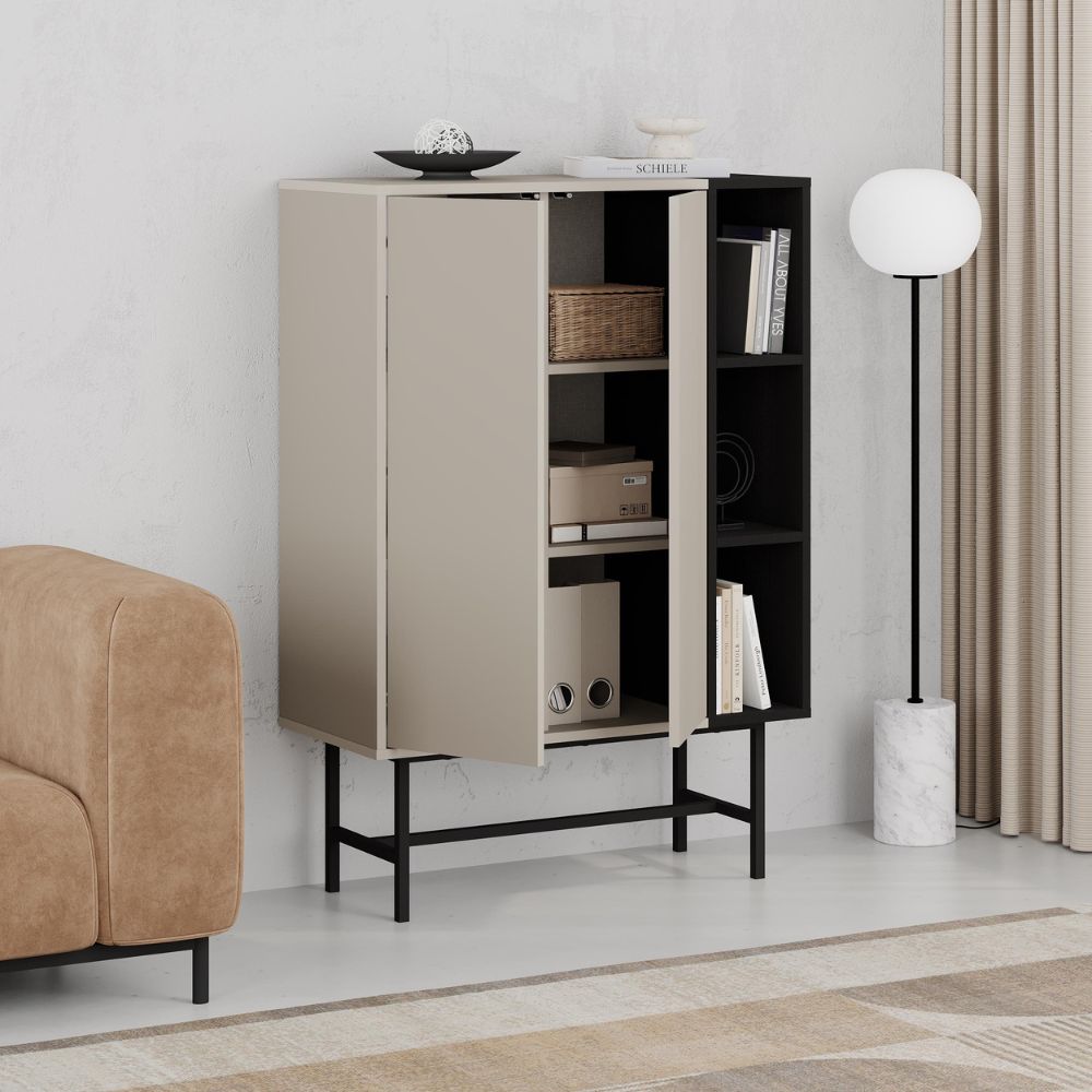 Credenza alta con due ante cashmere e tre vani a giorno neri 90x40x130H Mona