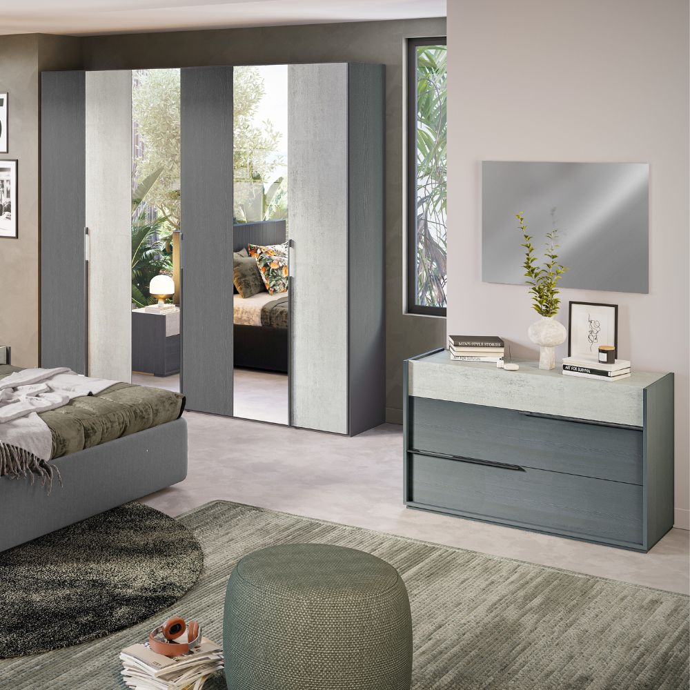 Camera da letto completa letto contenitore armadio con specchi e ante colore grigio e cemento - Faba