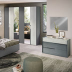 Camera da letto completa letto contenitore armadio con specchi e ante colore grigio e cemento - Faba