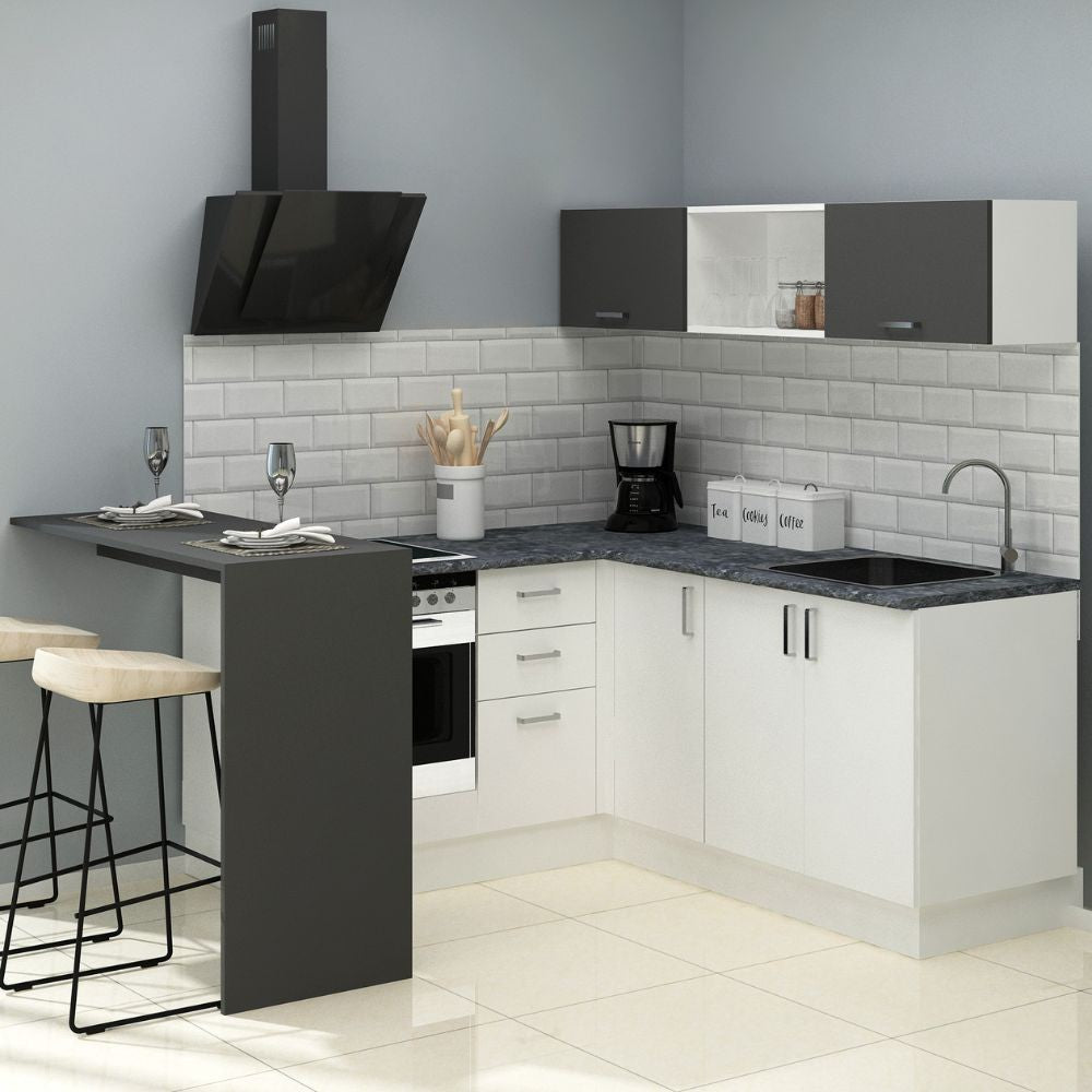 Cuisine d'angle avec presqu'île réversible coloris blanc et noir 180x160 cm - Matera