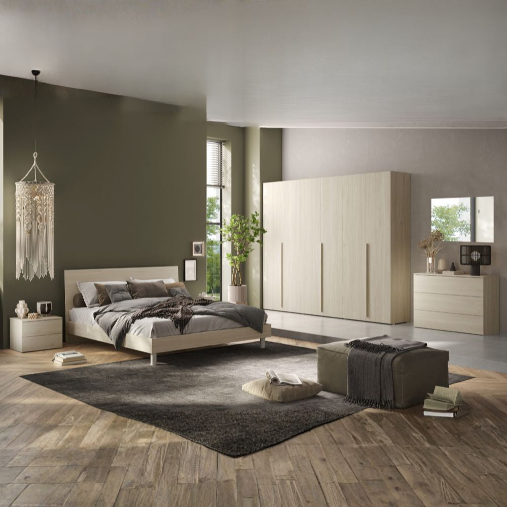 Chambre à coucher avec armoire 6 portes battantes et lit double en bois couleur orme Corinna