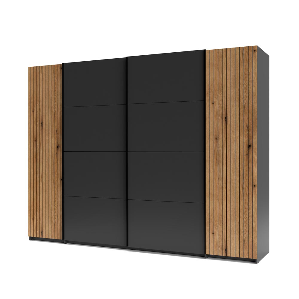 Armadio 4 ante con 2 scorrevoli, 2 battenti e dettagli listellati antracite e rovere evoque 270 cm Esteban624