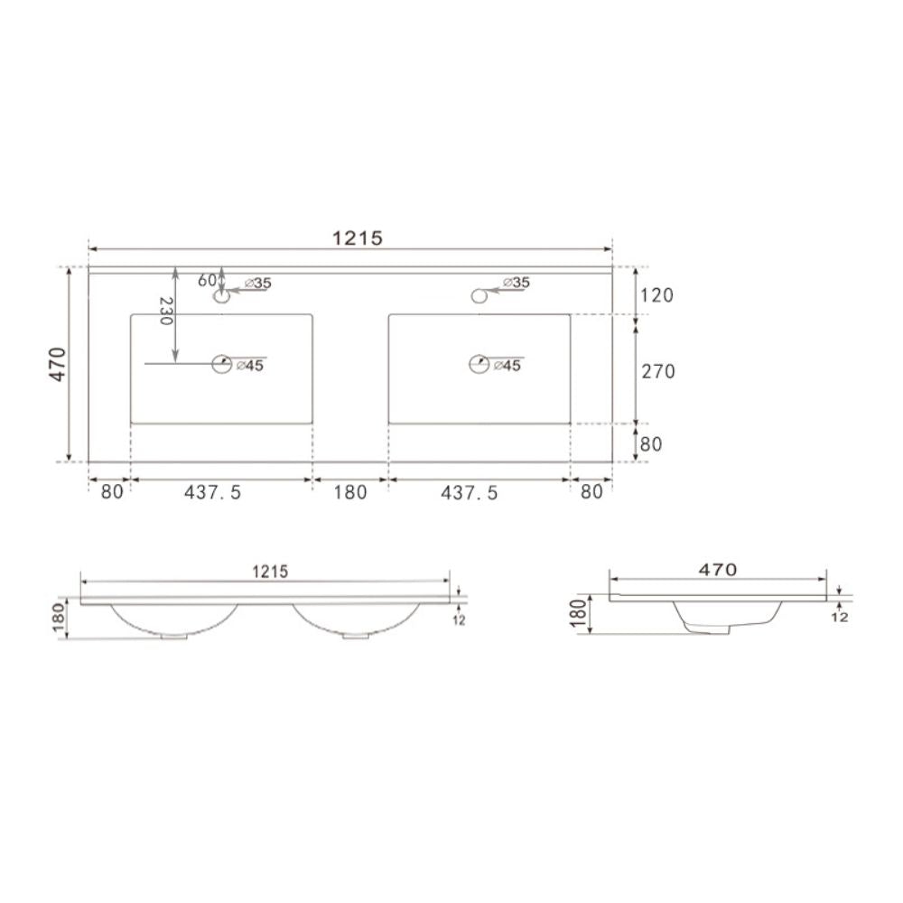 Lavabo da appoggio 20331 doppia vasca ceramica bianco 121.5x47x18H