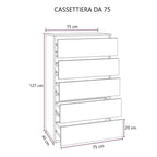 Cassettiera con 5 cassetti colore bianco frassinato 75x127H cm montata