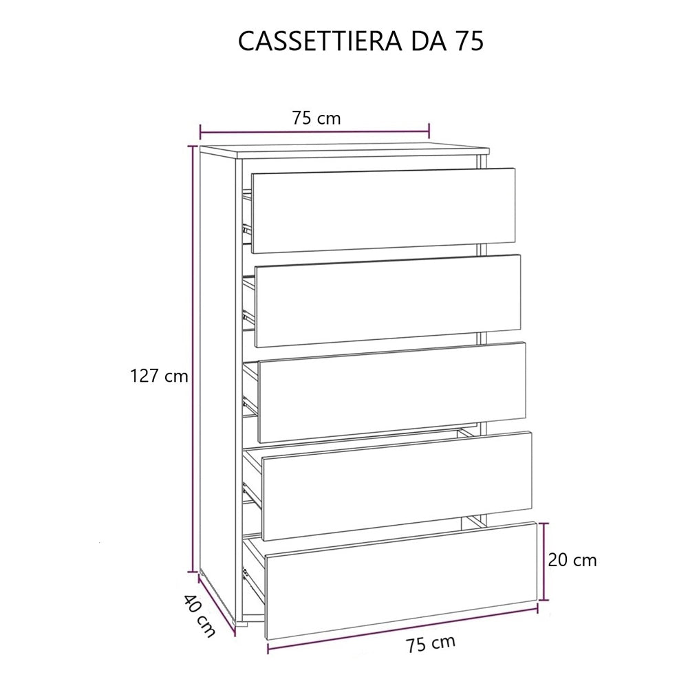 Cassettiera con 5 cassetti colore bianco frassinato 75x127H cm montata