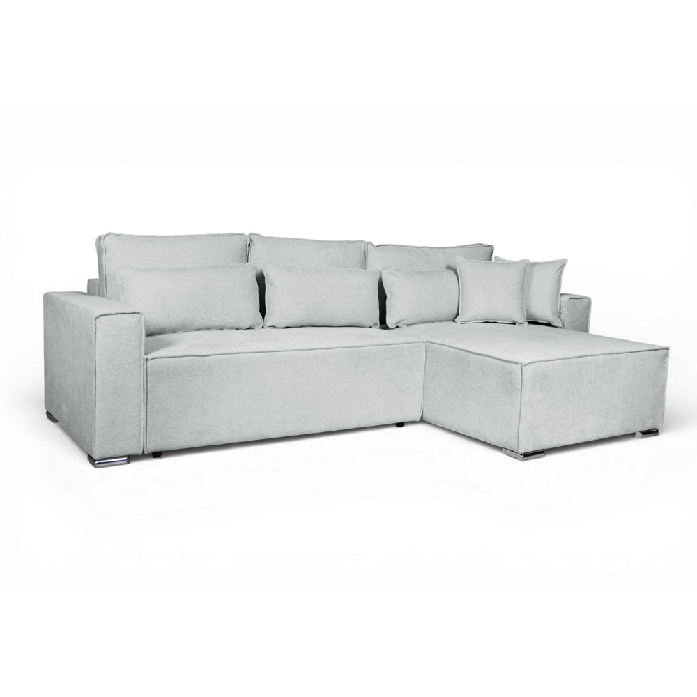 Divano angolare grigio scuro con letto Easy Open, contenitore e penisola reversibile Emily
