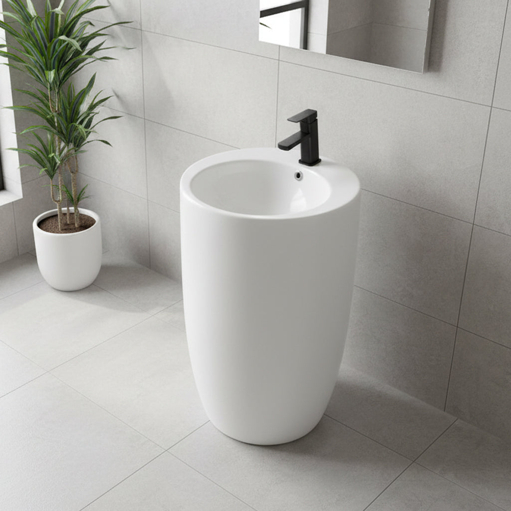 Rechteckiges Standwaschbecken aus glänzender weißer Keramik 53x46,5x86,5 LAV203