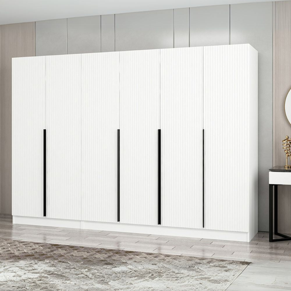 Armadio con 6 ante battenti colore bianco effetto cannettato 270x52x210H cm - Wilmy