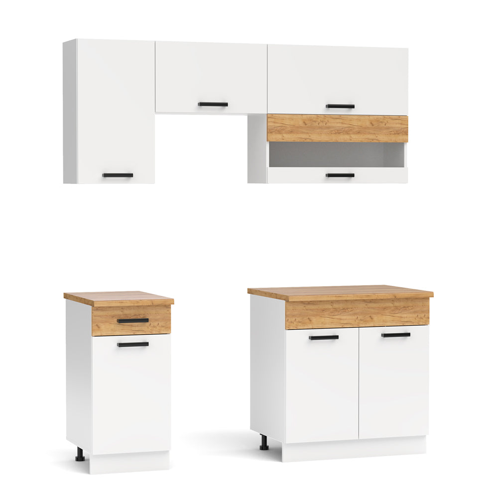 Cucina monoblocco 180 cm senza elettrodomestici colore bianco e rovere Nina