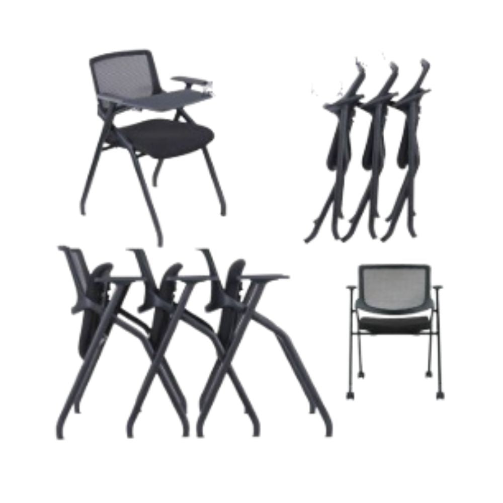 Sedia ufficio con tavolino ribaltabile e schienale in rete nero con gambe cromate - Loreto