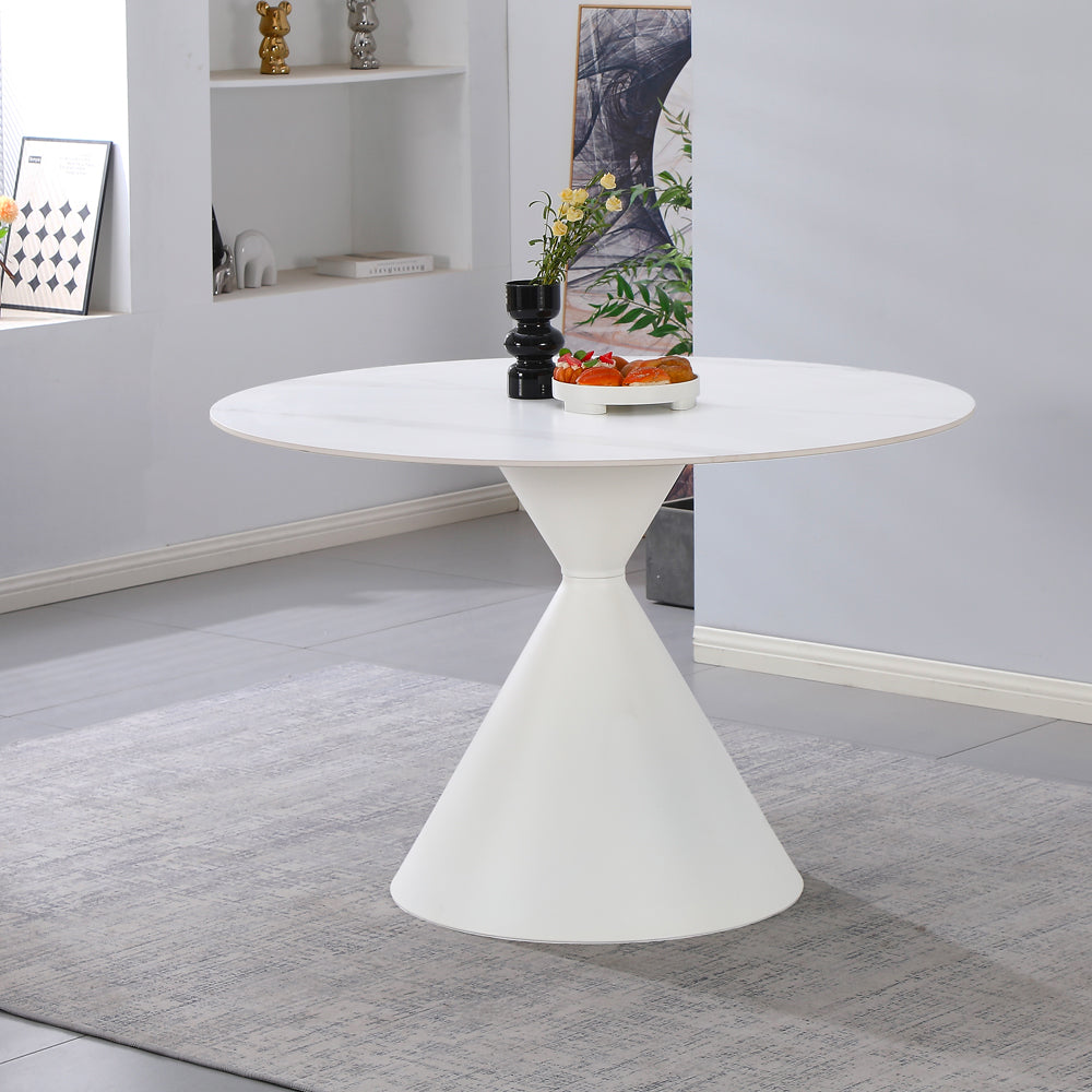 Tavolo rotondo Ø120 cm in ceramica effetto marmo bianco con base conica in metallo Taini