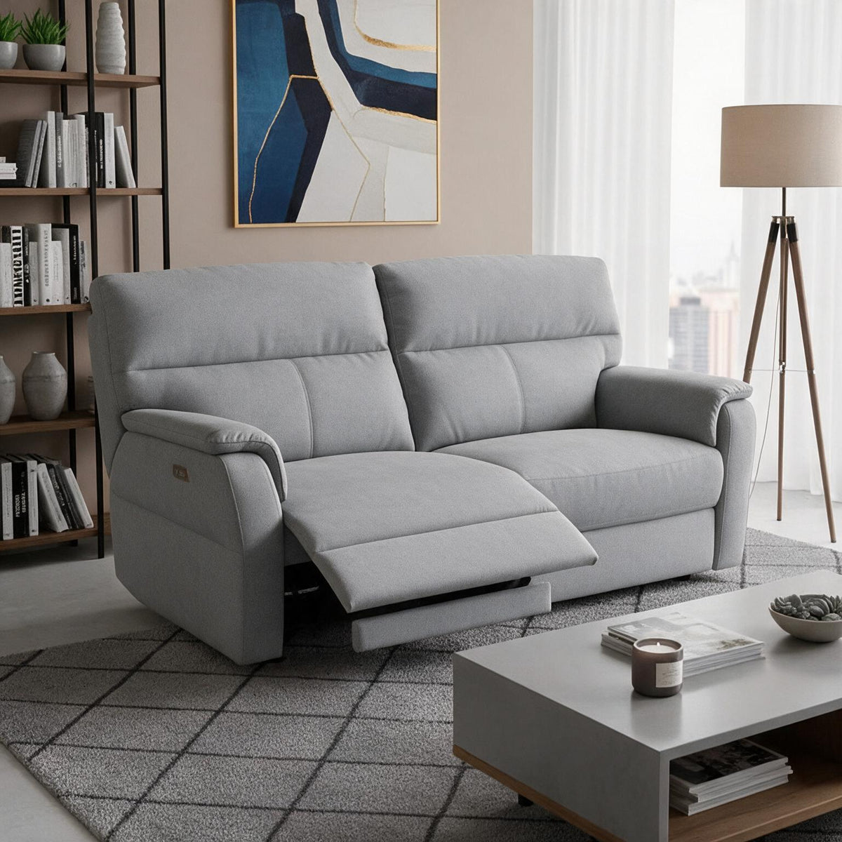 Divano relax 3 posti con 2 recliner elettrici in tessuto idrorepellente grigio Alice