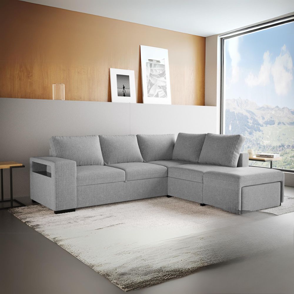 Divano angolare reversibile con funzione letto e bracciolo contenitore colore grigio - Jemmy