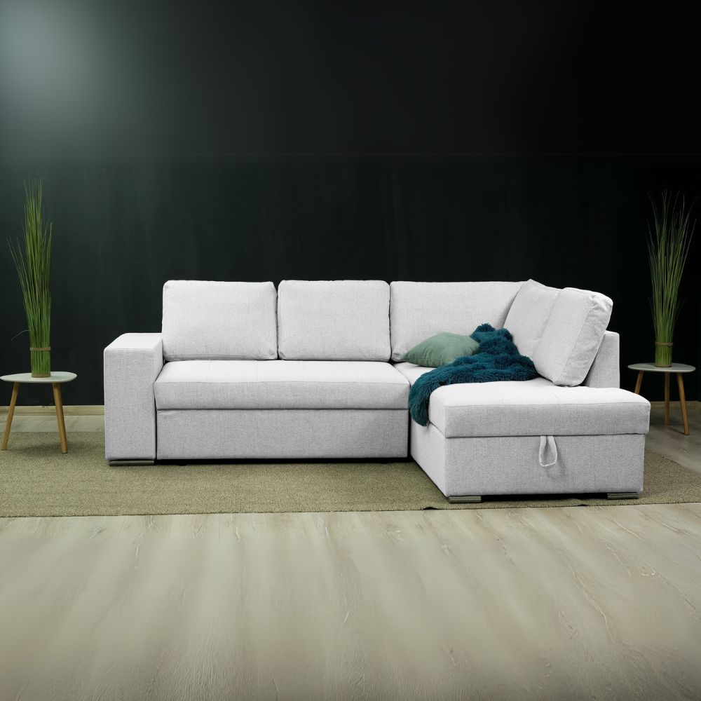 Divano letto angolare con penisola contenitore in tessuto grigio chiaro 248x176x92H Bali