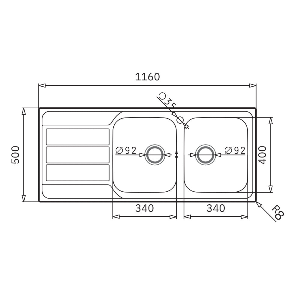 Lavello da incasso in acciaio inox 2 vasche e gocciolatoio sinistro 116x50 Tirreno116
