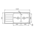 Lavello da incasso in acciaio inox 2 vasche e gocciolatoio sinistro 116x50 Tirreno116