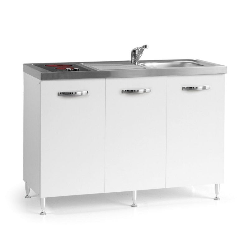 Kitchenette avec plan de travail en inox et plaque de cuisson électrique coloris blanc frêne Indien120VT2