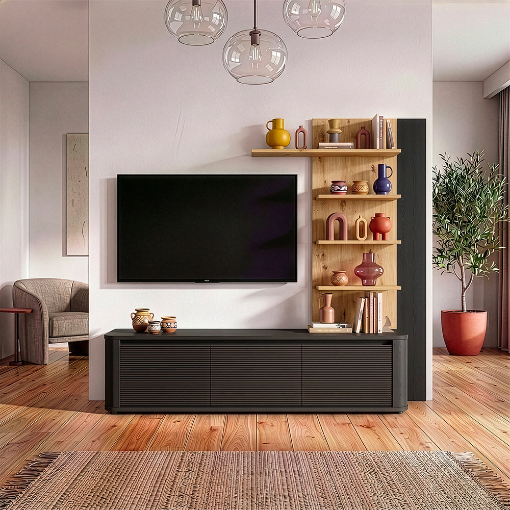 Parete Attrezzata con porta Tv e libreria rovere e nero Core Piccolo