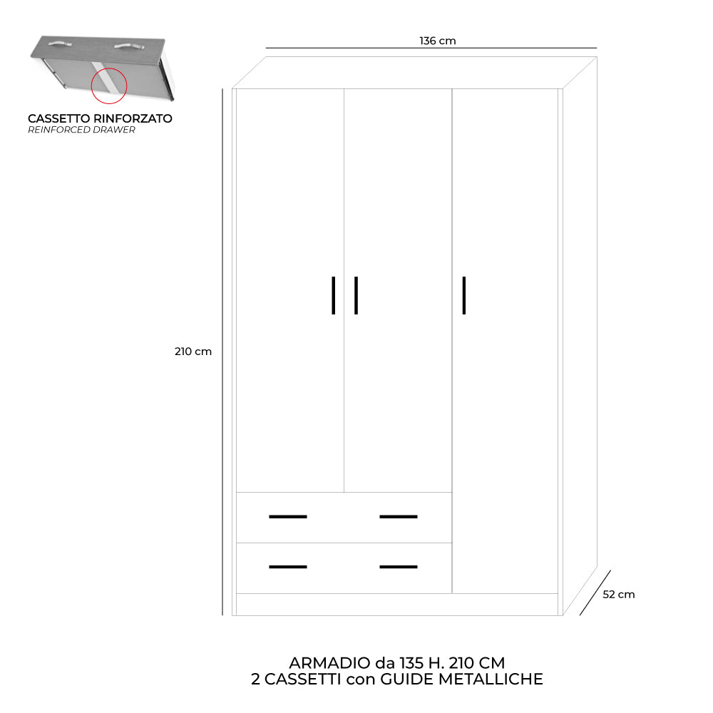 Kleiderschrank mit drei Türen und zwei Schubladen in Zementoptik 135x210H cm