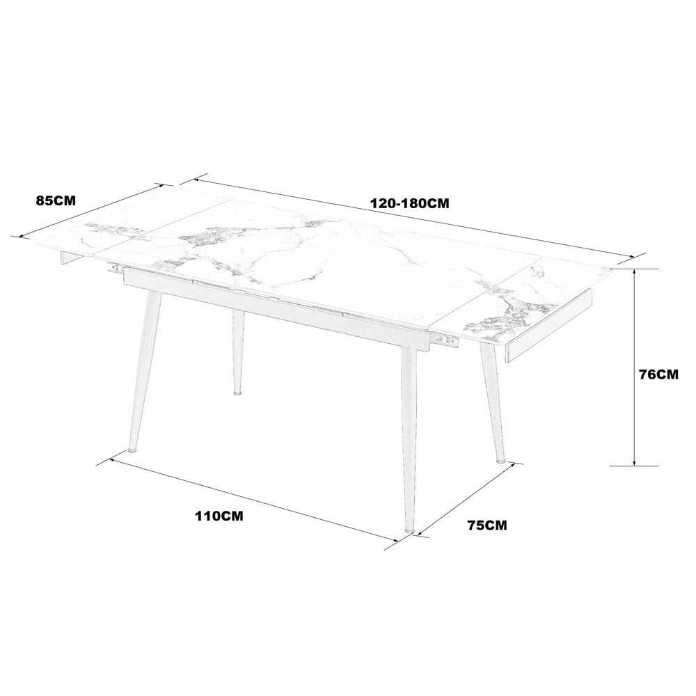 Tavolo allungabile 120x85 con piano in ceramica effetto marmo bianco e gambe nere Expandia