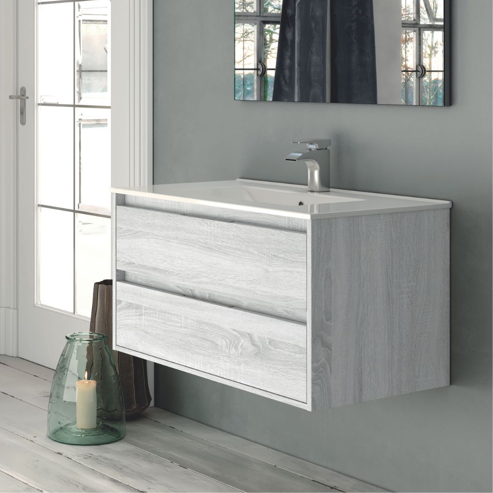 Mobile bagno sospeso con 2 cassetti colore rovere grigio ghiaccio 80x45x48H cm - Konni