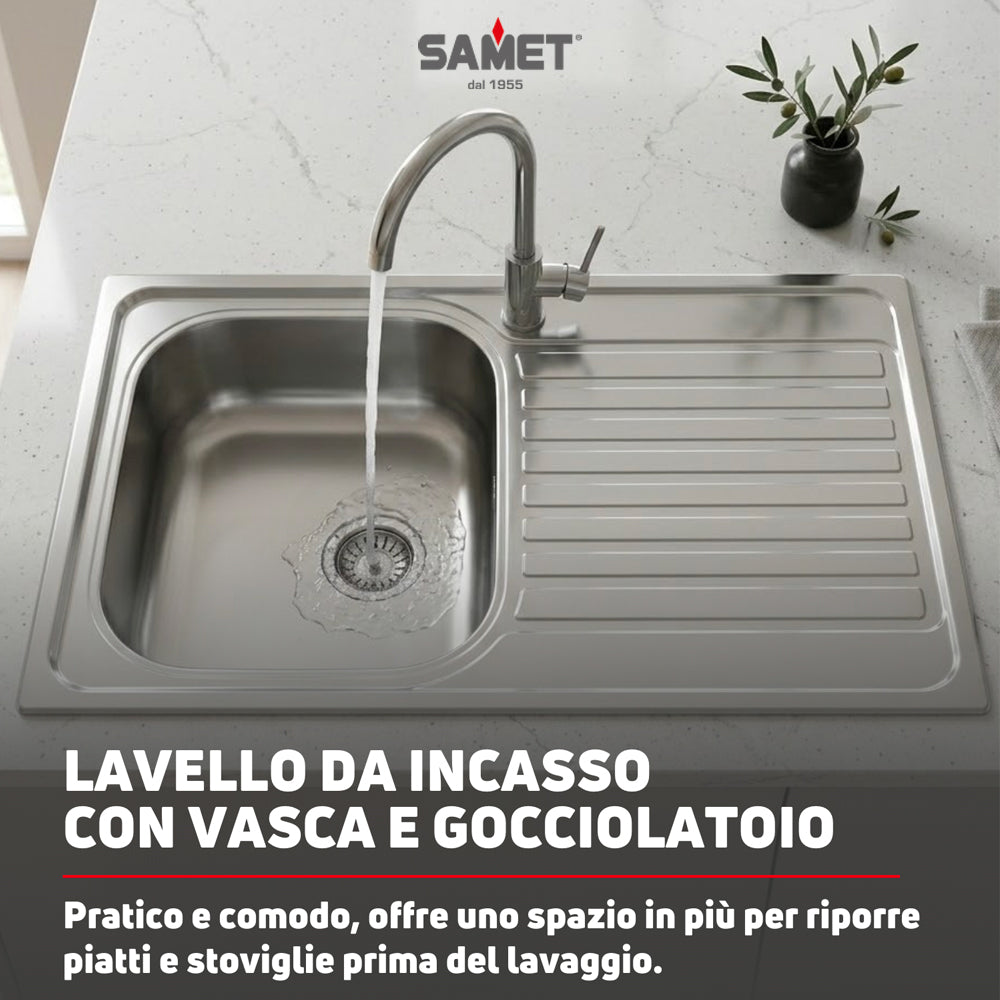 Lavello singolo in acciaio inox satinato con gocciolatoio destro 79x50 cm - Samet Classic 273
