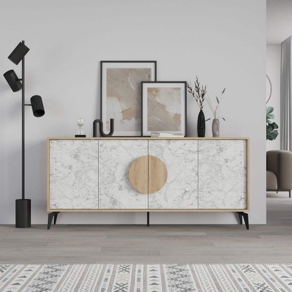 Madia 4 ante colore bianco effetto marmo carrara e rovere 180x35,6x82 Gora180
