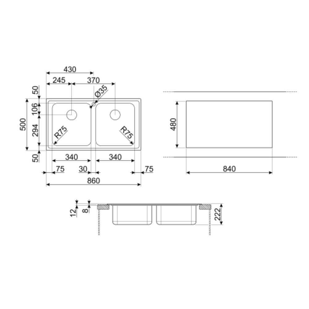 Lavello incasso 2 vasche 86x50 cm inox spazzolato - Smeg LP8622