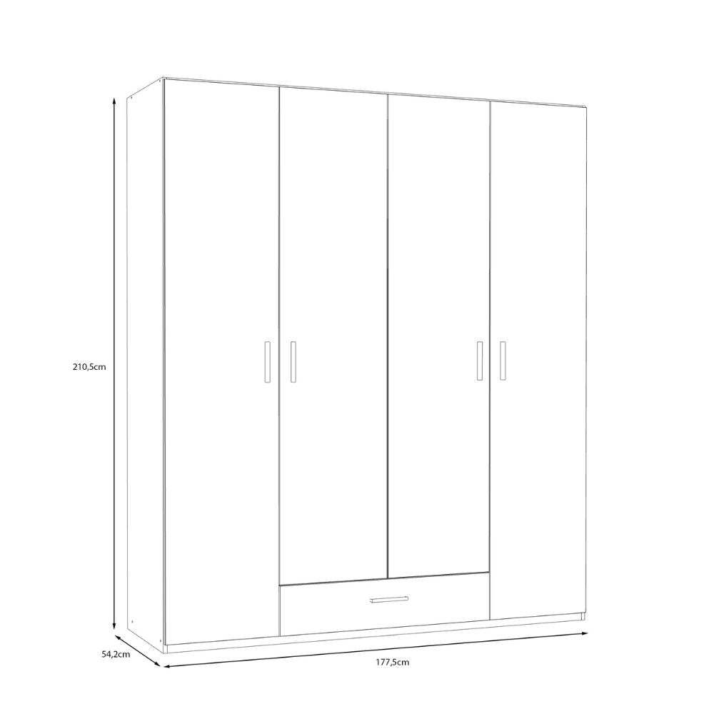 Kleiderschrank 4 Türen 1 Schublade Eichefarbe 177,5x54x210,5H Arcadia