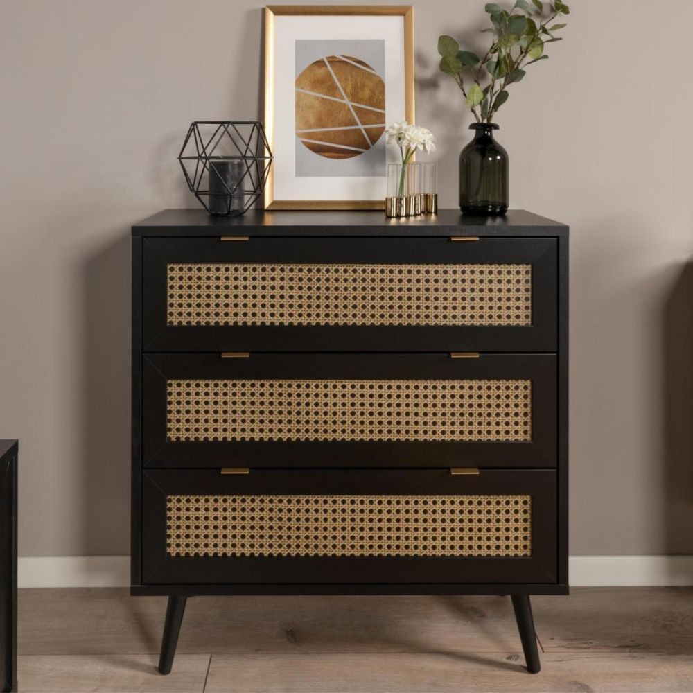 Cassettiera 80x80h cm con 3 cassetti colore nera con frontali vimini - Vienna03A
