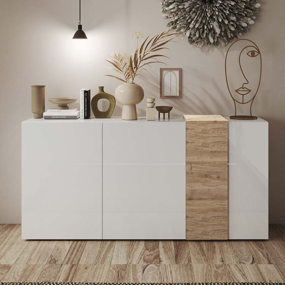 Sideboard mit 3 Türen und Einlegeböden, Hochglanz Weiß und Eiche, 181x86H cm - Sabry